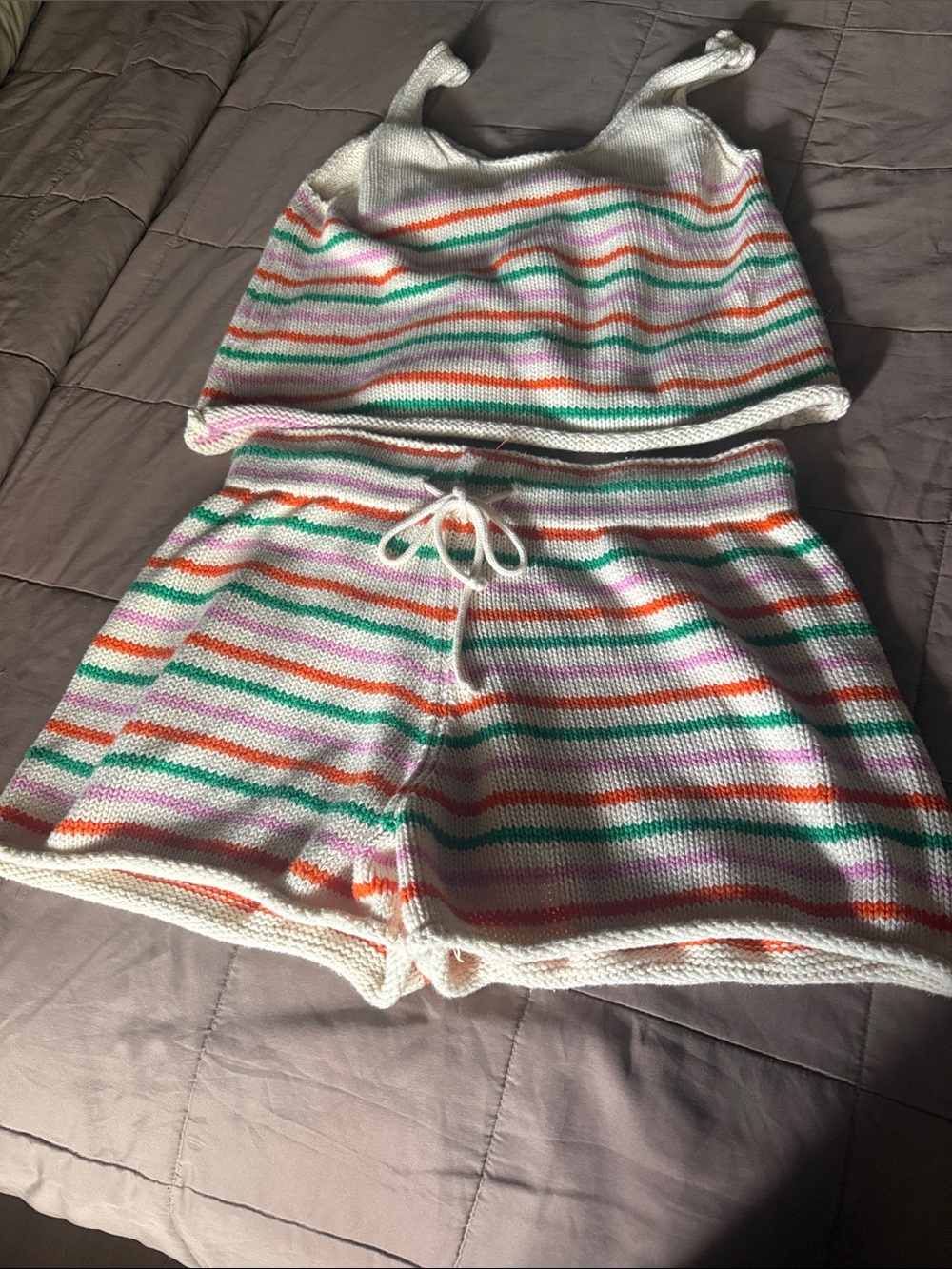 Zara White Knit Two-Piece Tank & Shorts Set with Green, Orange, and Pink Stripes
